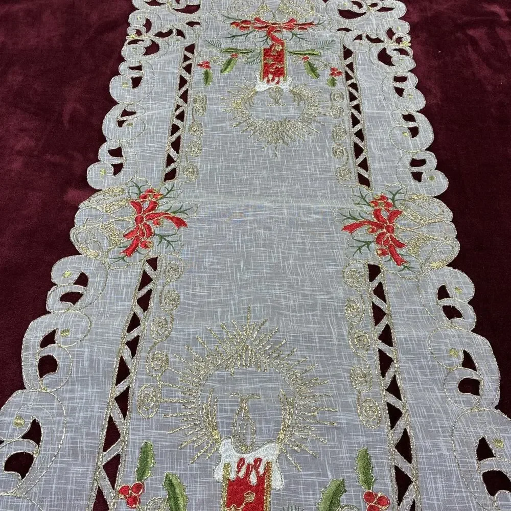 Holiday Christmas Candle Placemat Table Cloth Runner White 15x34